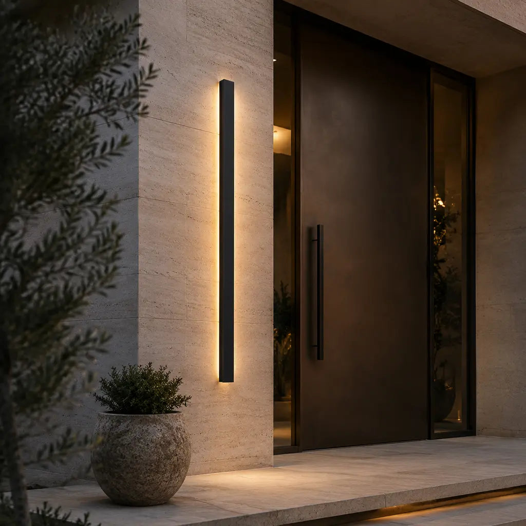 Black Linear Aluminium LED Outdoor Wall Light – IP65 in a luxury travertine entrance