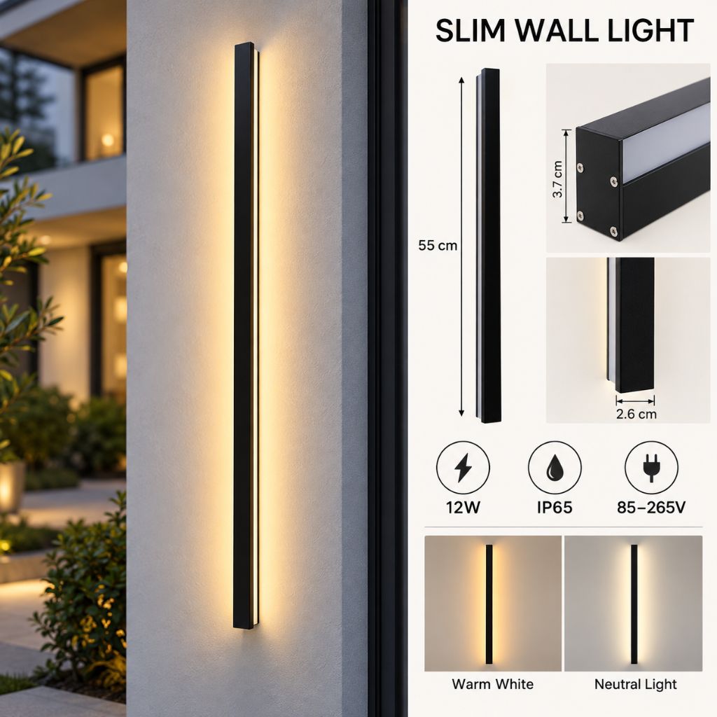 Black Slim Linear LED Outdoor Wall Light 12W IP65