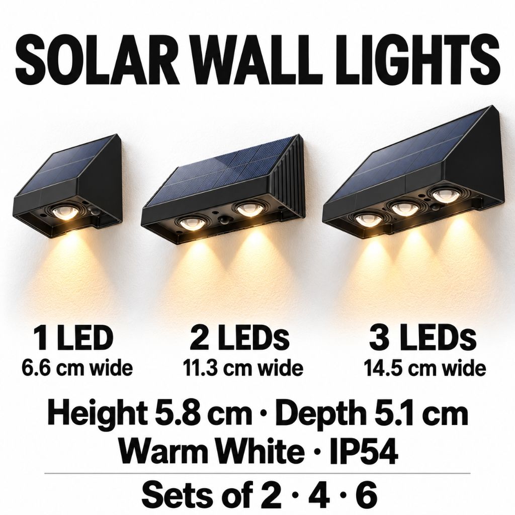 Black Solar LED Outdoor Wall Lights with Convex Lenses IP54
