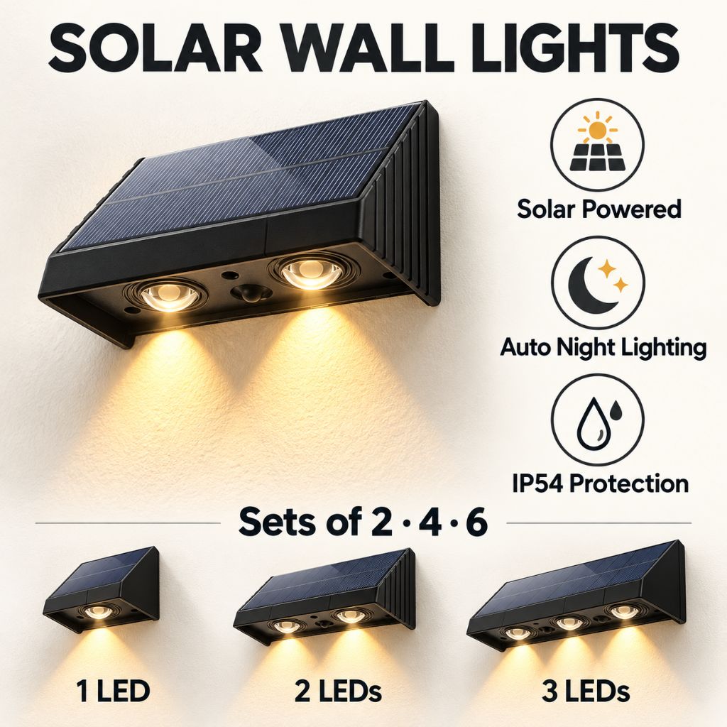 Black Solar LED Outdoor Wall Lights with Convex Lenses IP54