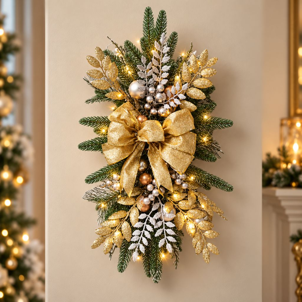 Christmas Door Swag with LED Lights, Bow and Baubles