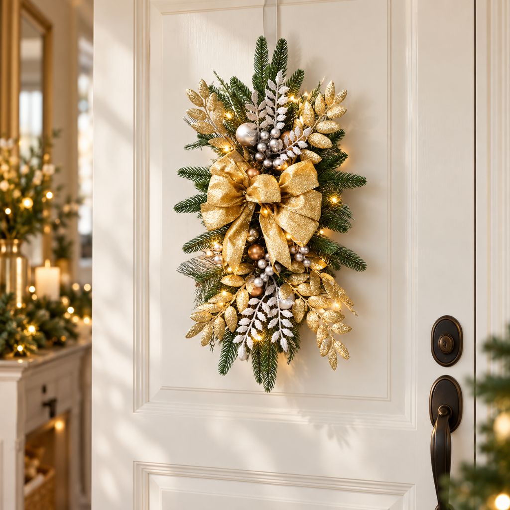 Christmas Door Swag with LED Lights, Bow and Baubles