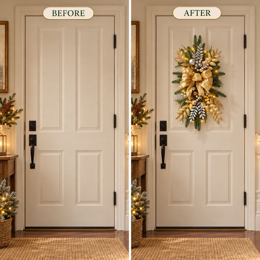 Christmas Door Swag with LED Lights, Bow and Baubles
