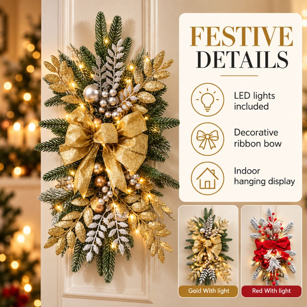 Christmas Door Swag with LED Lights, Bow and Baubles
