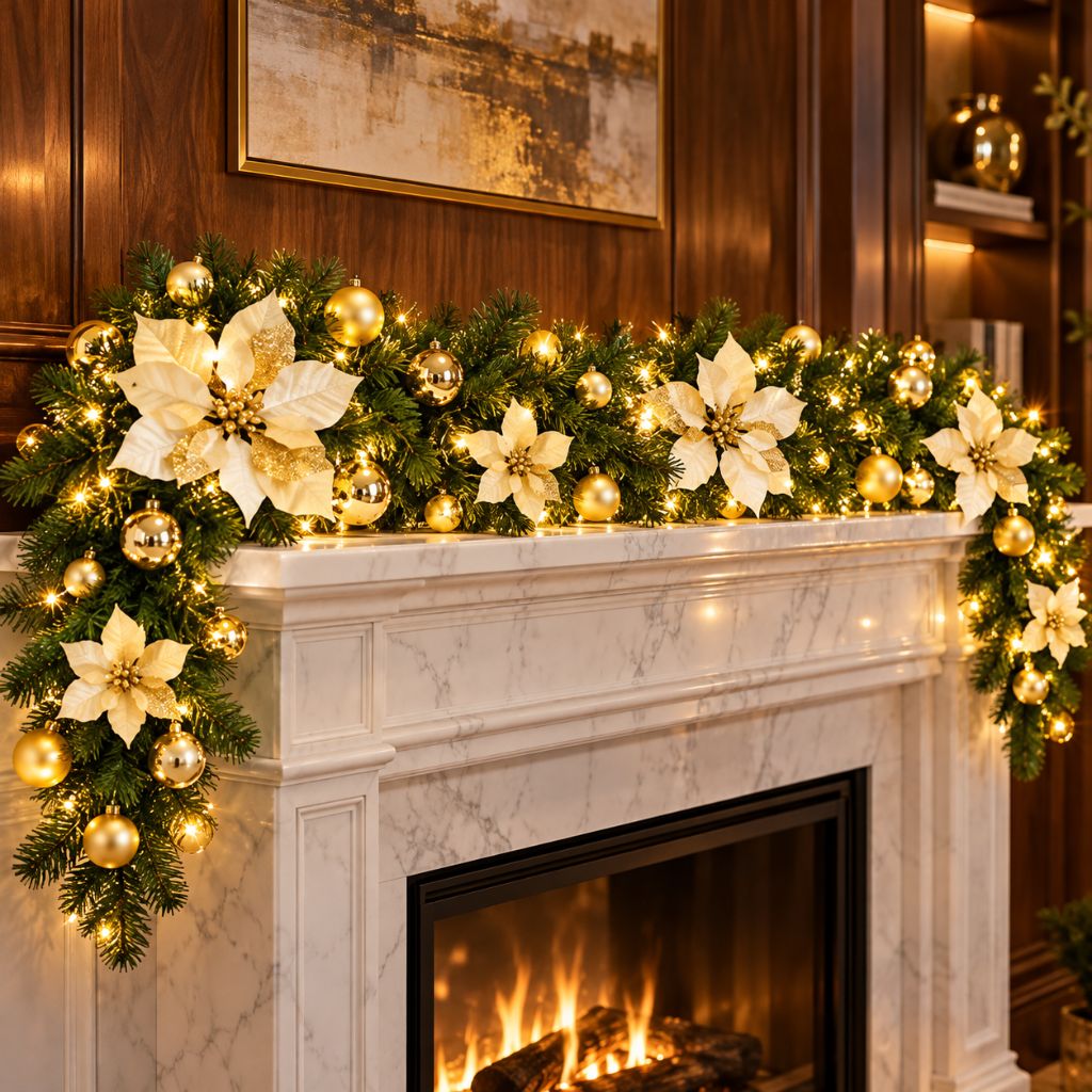 Christmas Garland with LED Lights, Flowers and Baubles