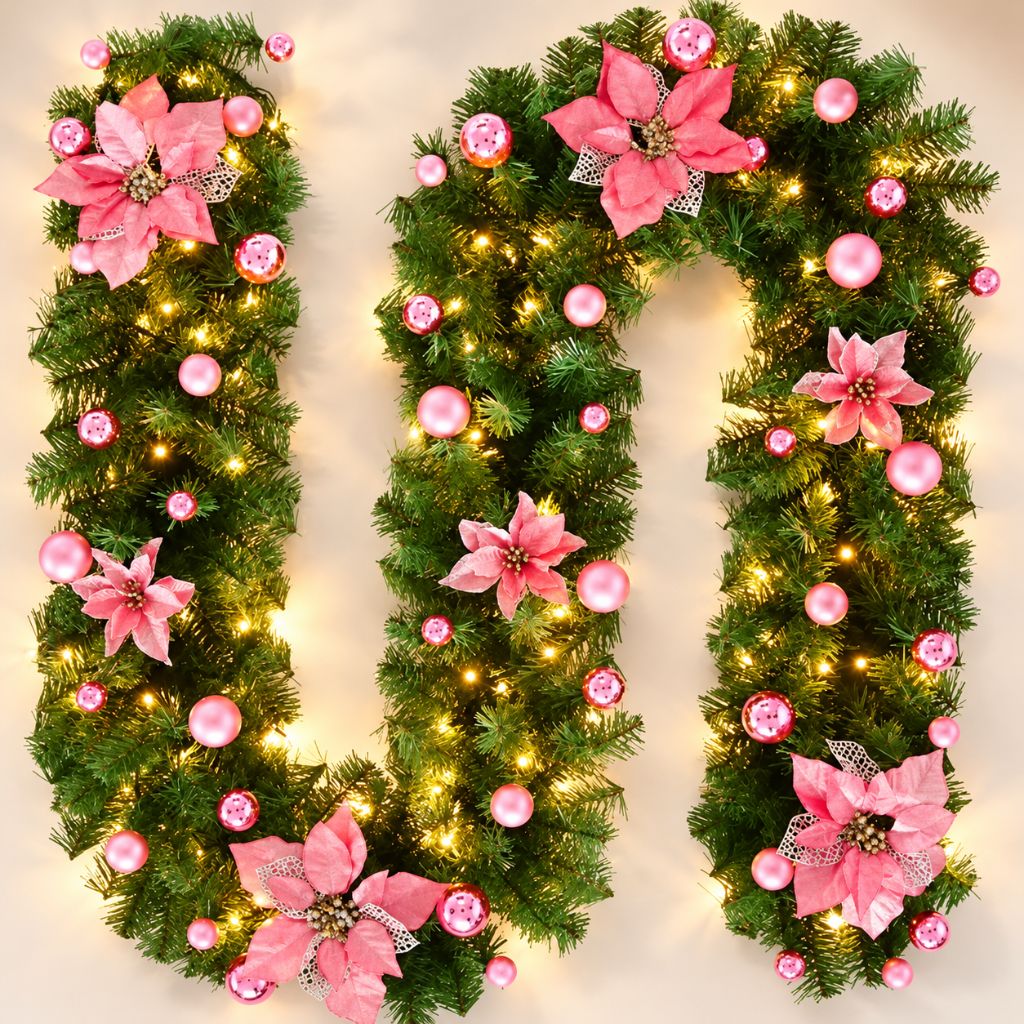 Christmas Garland with LED Lights, Flowers and Baubles
