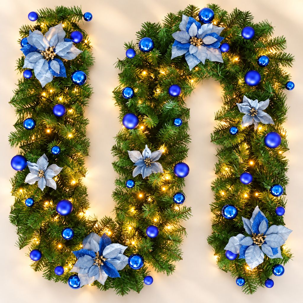 Christmas Garland with LED Lights, Flowers and Baubles