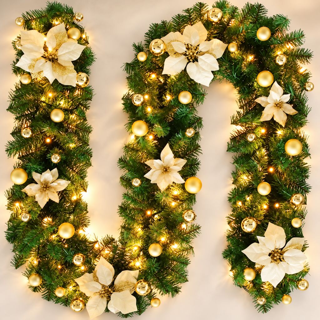 Christmas Garland with LED Lights, Flowers and Baubles