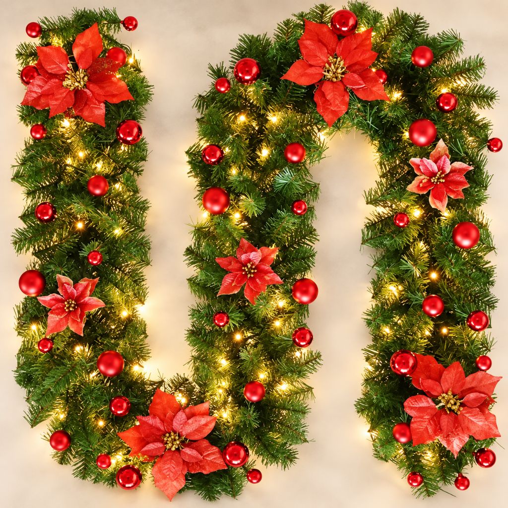 Christmas Garland with LED Lights, Flowers and Baubles
