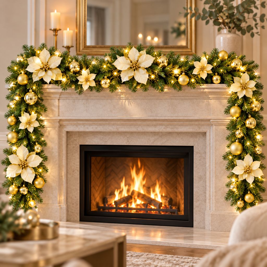 Christmas Garland with LED Lights, Flowers and Baubles