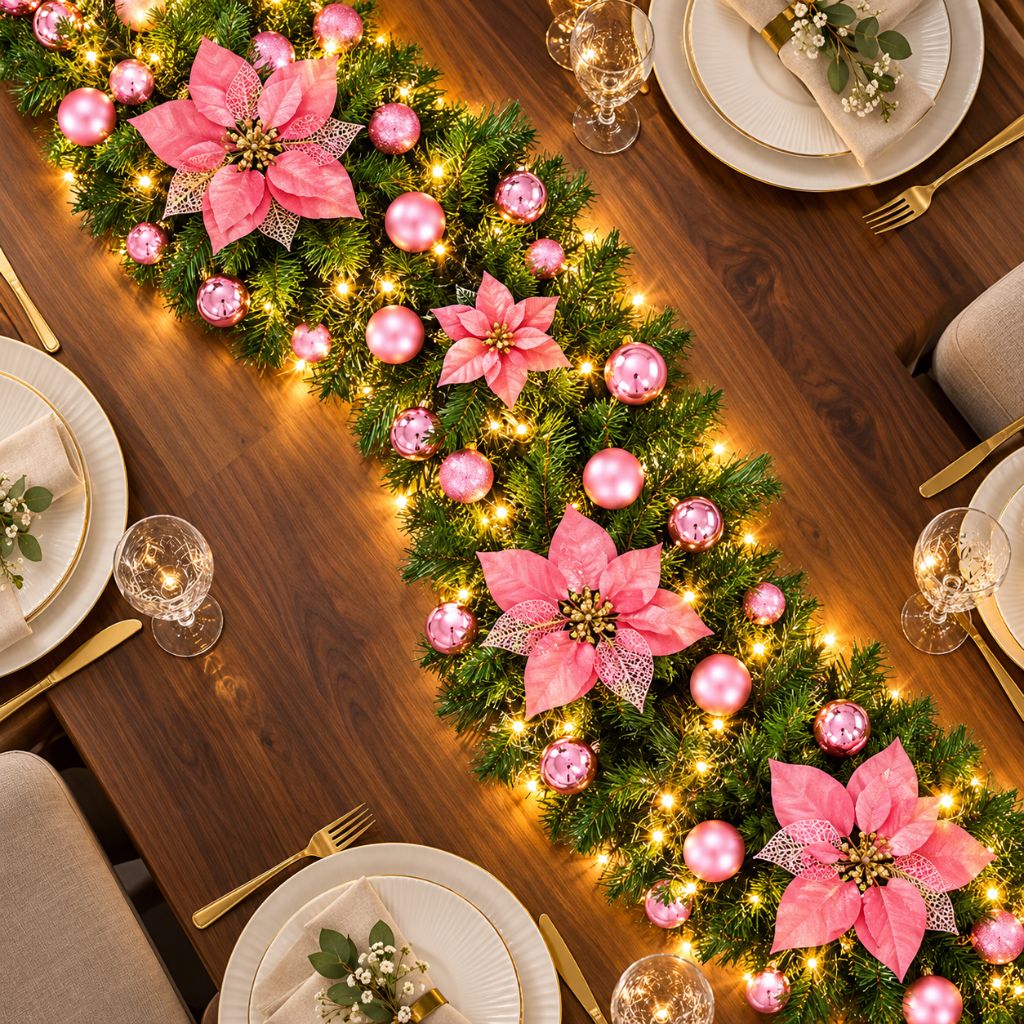 Christmas Garland with LED Lights, Flowers and Baubles