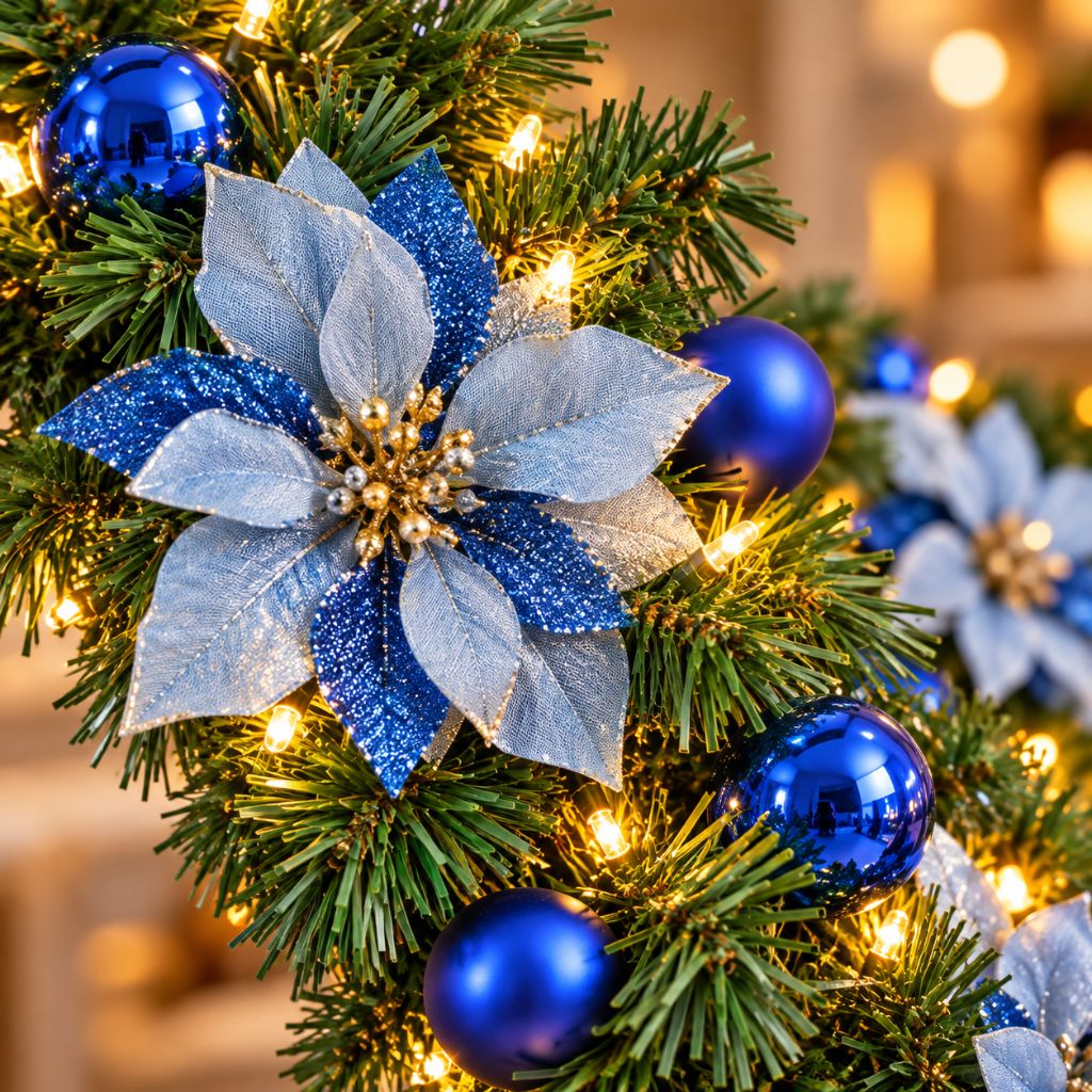 Christmas Garland with LED Lights, Flowers and Baubles