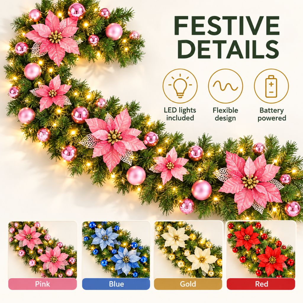 Christmas Garland with LED Lights, Flowers and Baubles