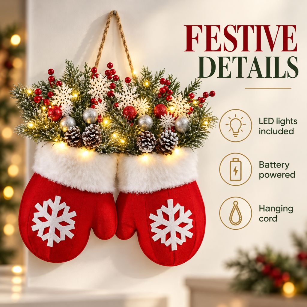 Christmas Mitten Door Wreath with LED Lights and Pinecones