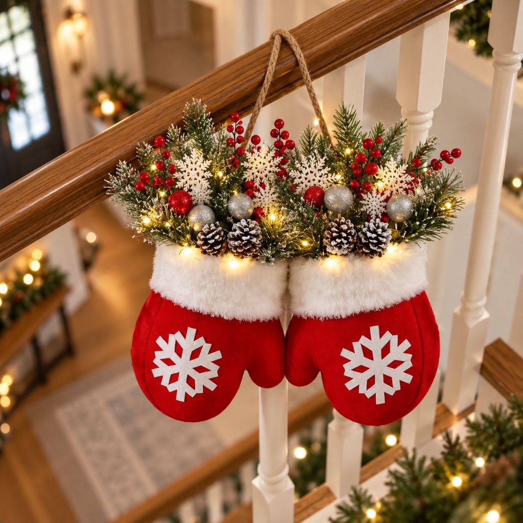 Christmas Mitten Door Wreath with LED Lights and Pinecones