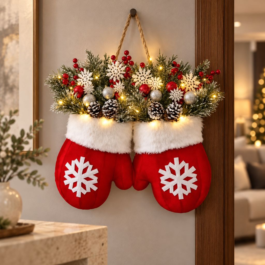 Christmas Mitten Door Wreath with LED Lights and Pinecones
