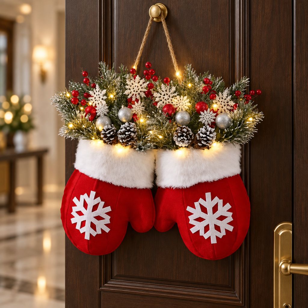 Christmas Mitten Door Wreath with LED Lights and Pinecones