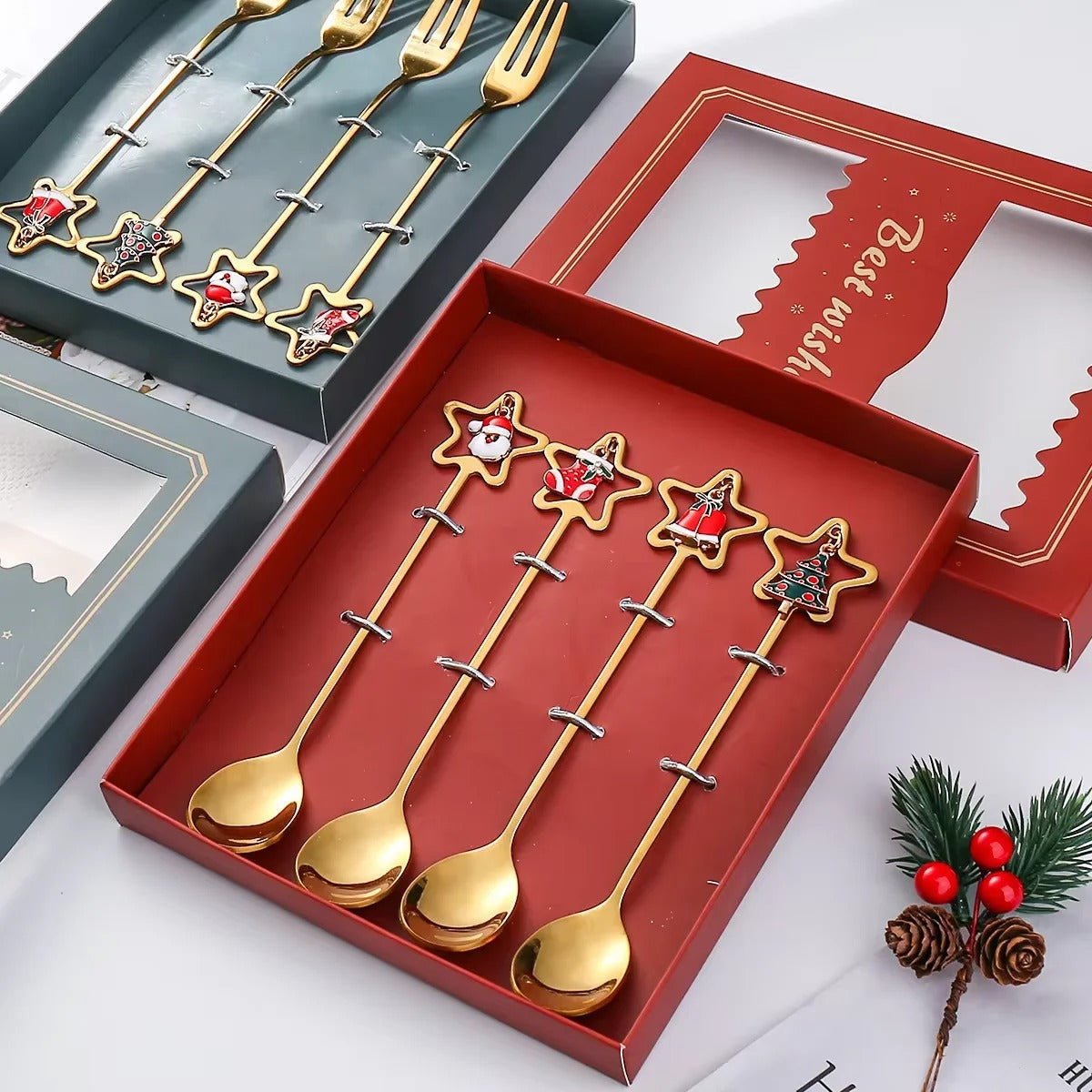 Christmas Stainless Steel Dessert Spoon Set - Holiday Tableware - Lattea Global