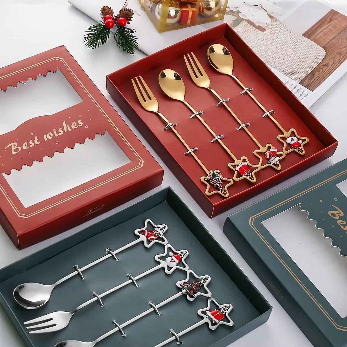 Christmas Stainless Steel Dessert Spoon Set - Holiday Tableware - Lattea Global