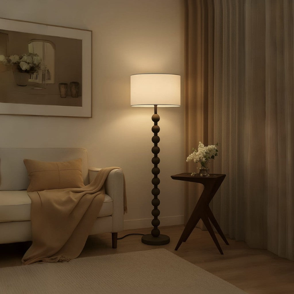 Classic Wooden Floor Lamp with White Fabric Lampshade