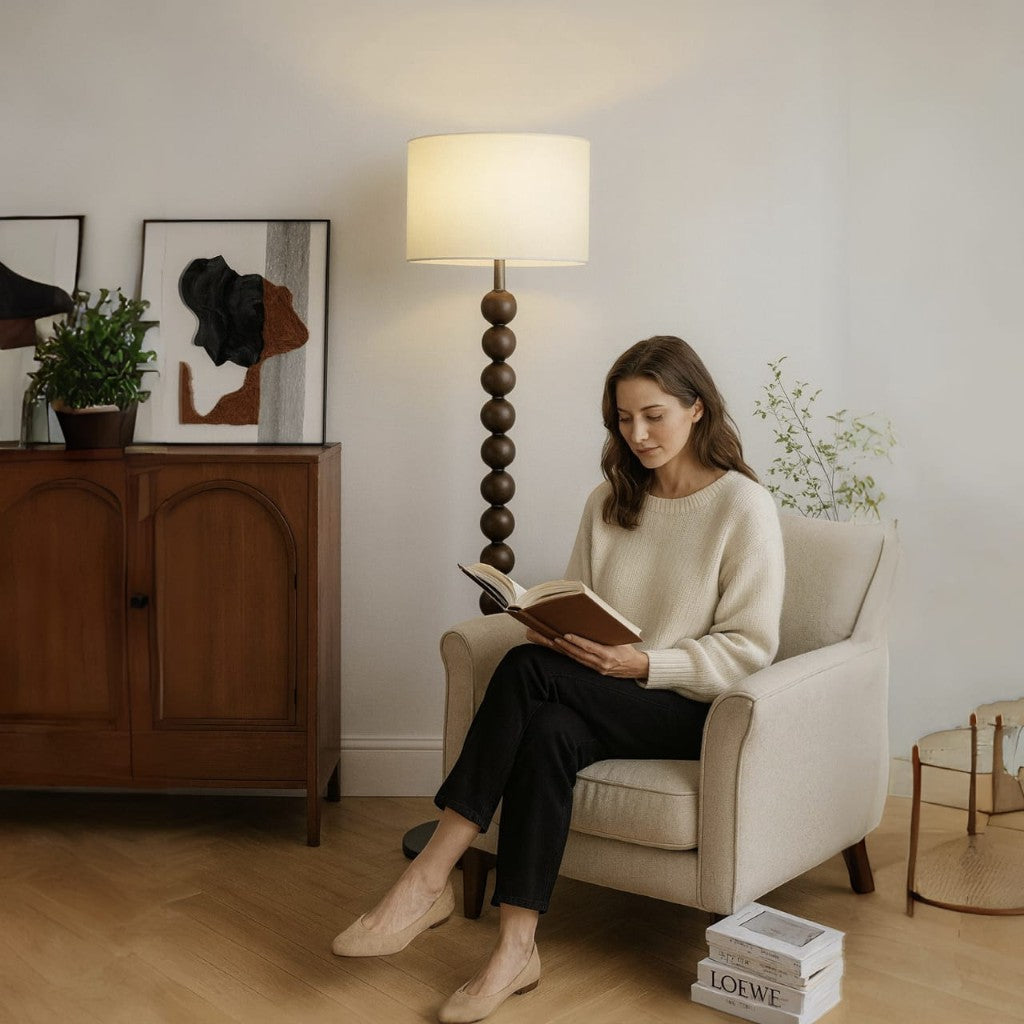 Classic Wooden Floor Lamp with White Fabric Lampshade