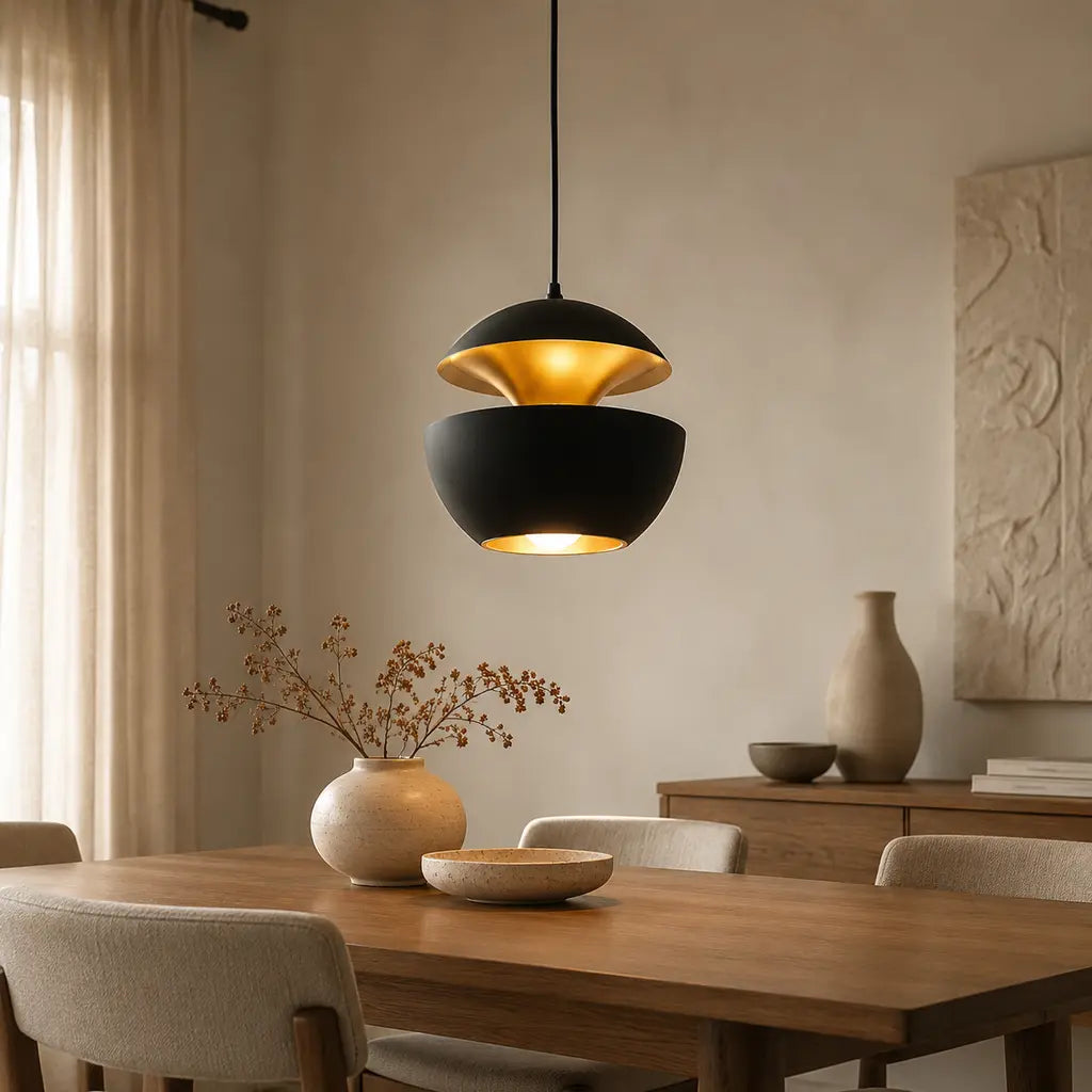 Modern Round Metal Pendant Light with Adjustable Cable in a warm Japandi dining room