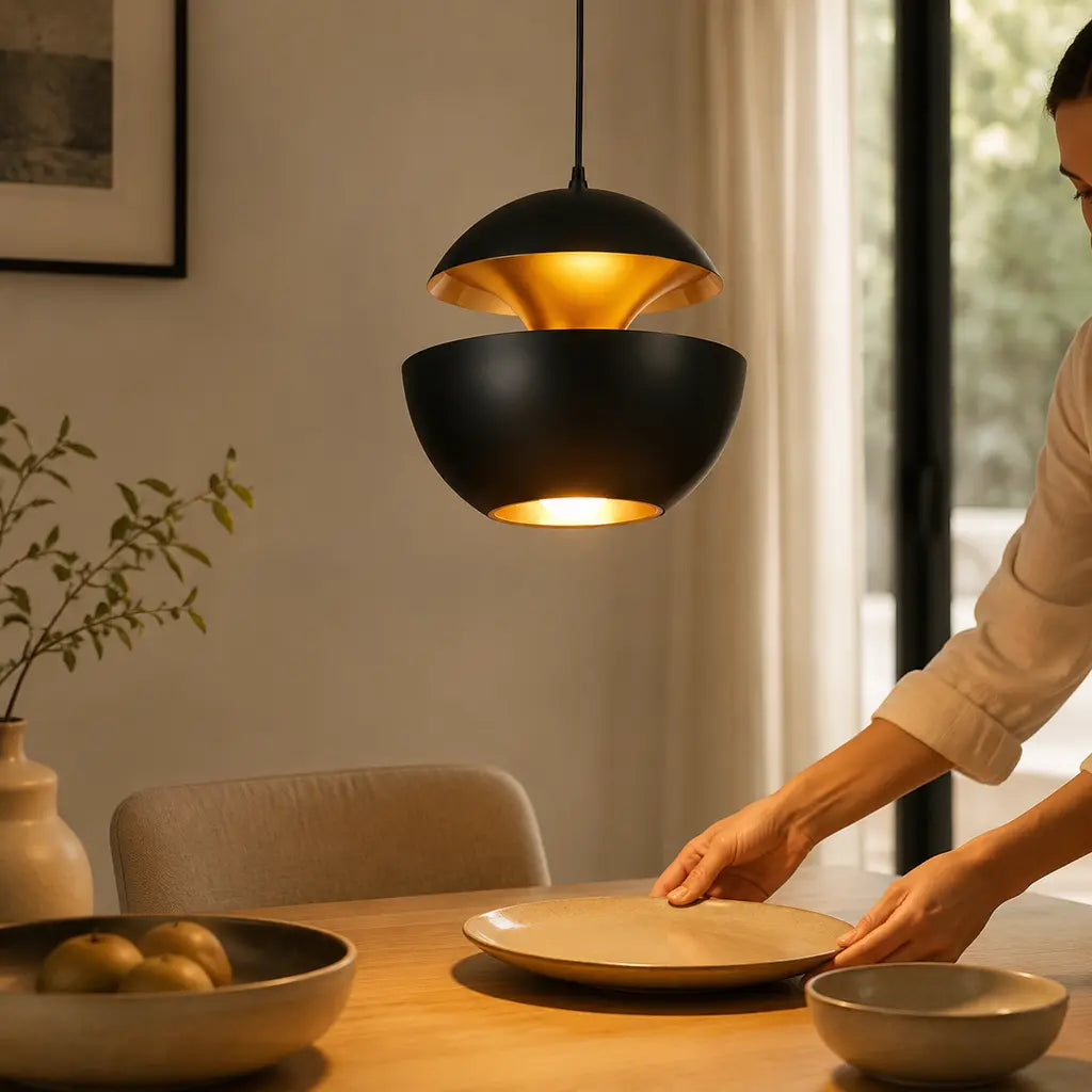 Black Modern Round Metal Pendant Light in use above a dining table