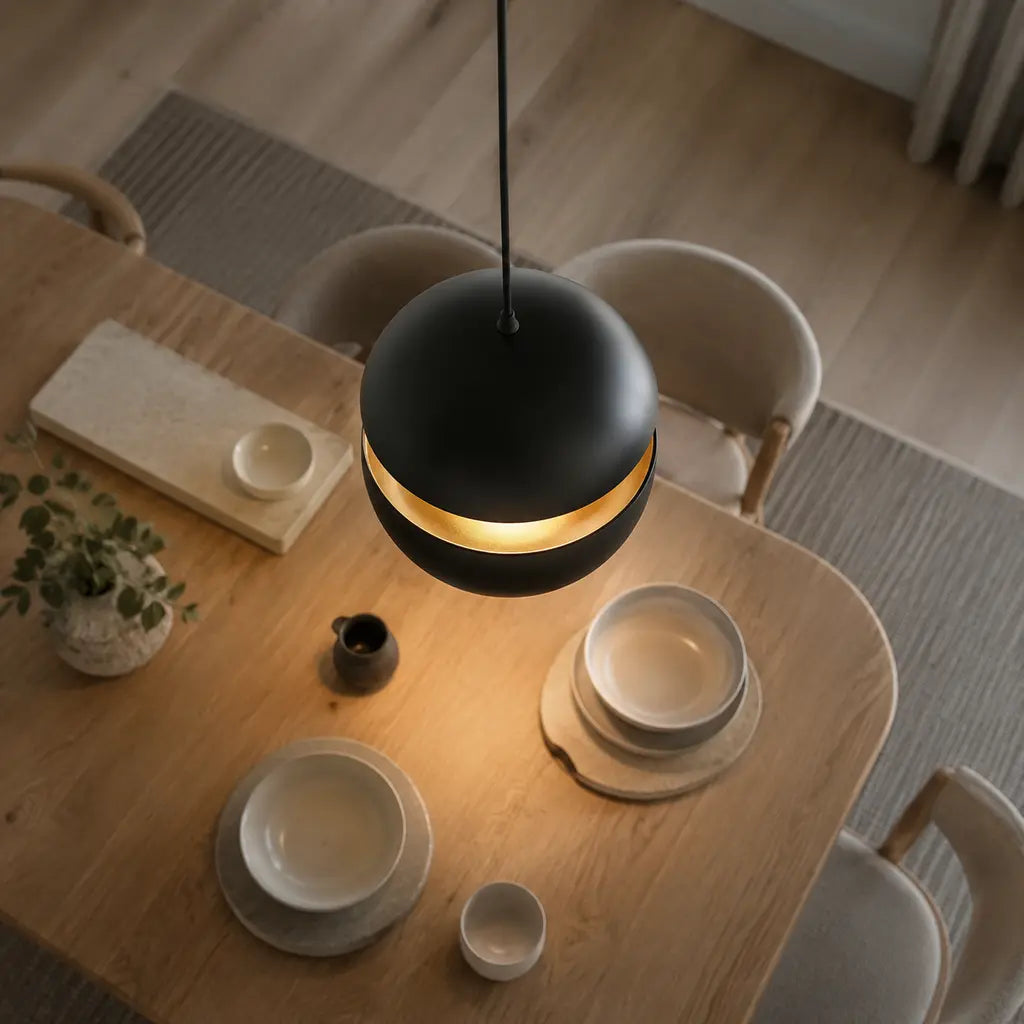 Black Modern Round Metal Pendant Light overhead dining view