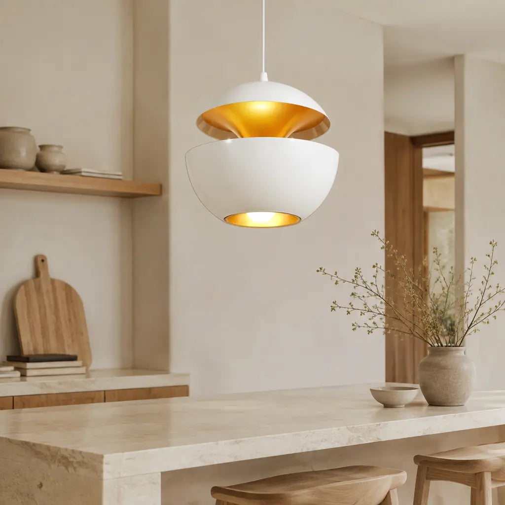 White Modern Round Metal Pendant Light in a premium modern interior