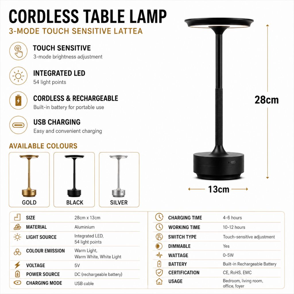 Cordless Table Lamp 3-Mode Touch Sensitive Lattea