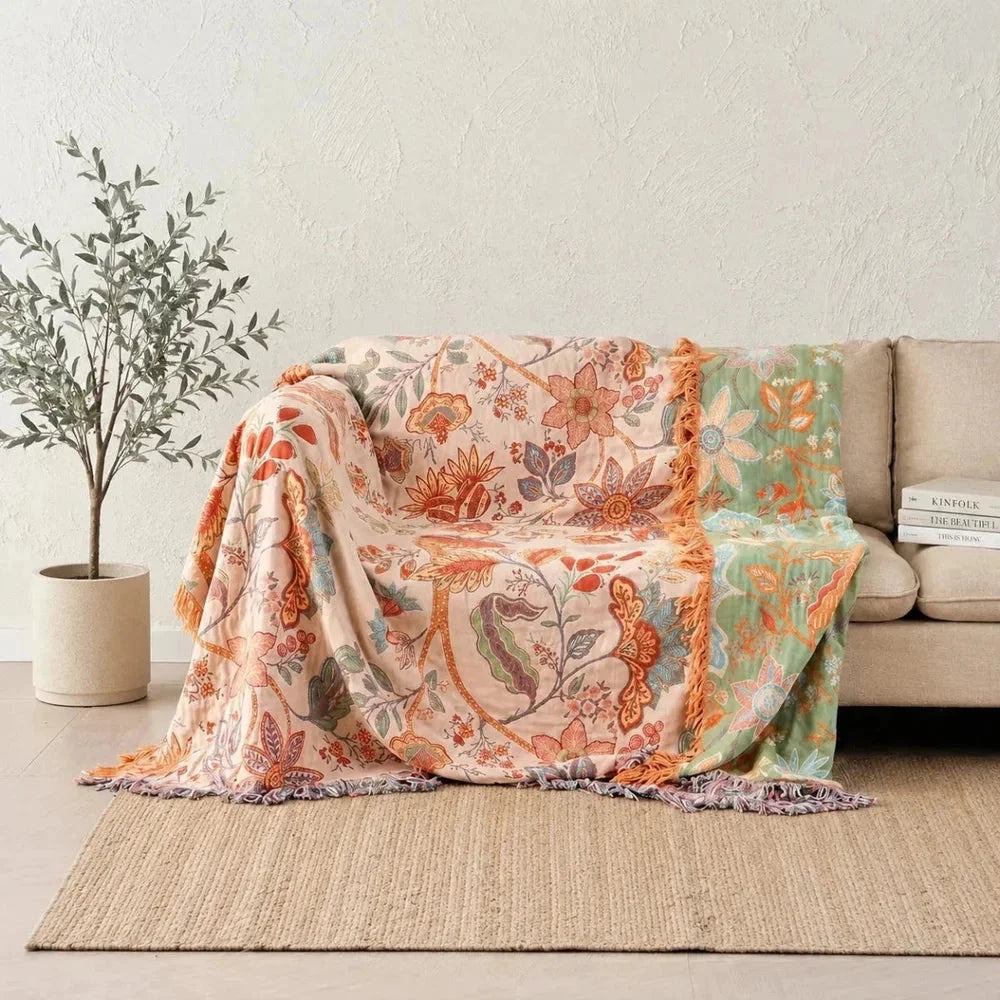 Cotton floral throw blanket rustic boho fringe
