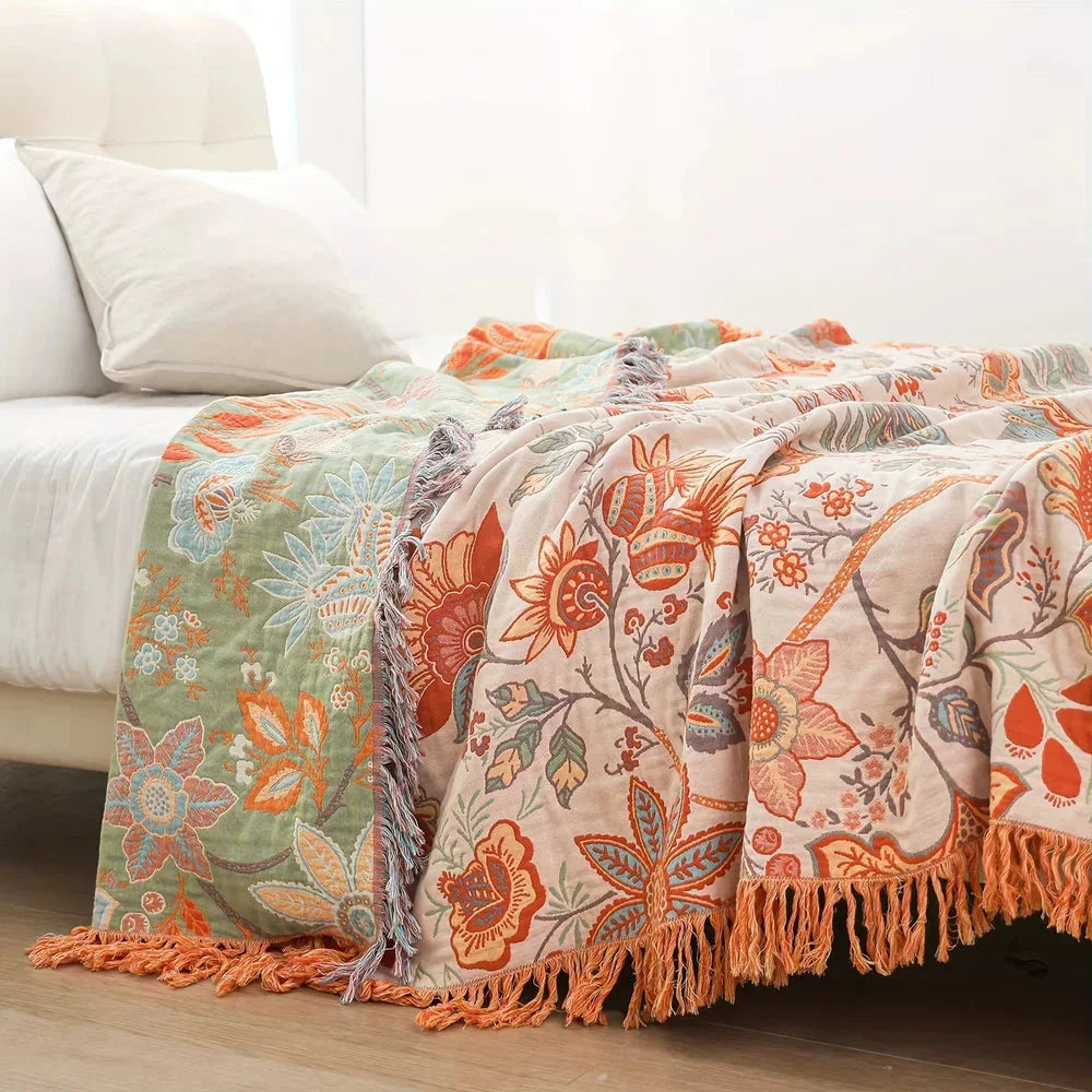 Cotton floral throw blanket rustic boho fringe – view 3
