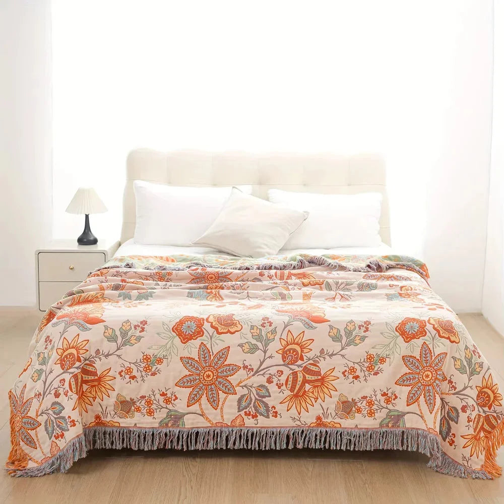 Cotton floral throw blanket rustic boho fringe – view 4