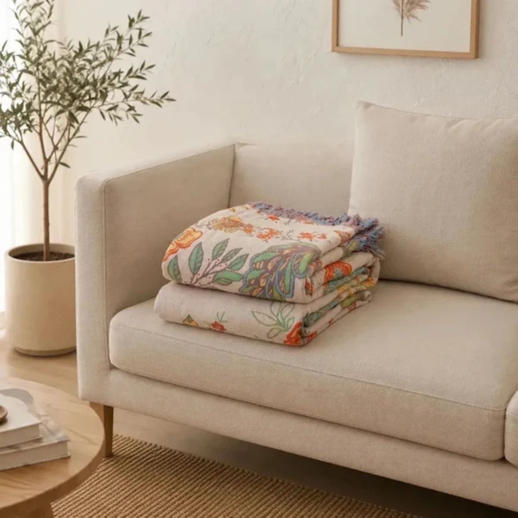 Cotton Floral Throw Blanket with Fringe
