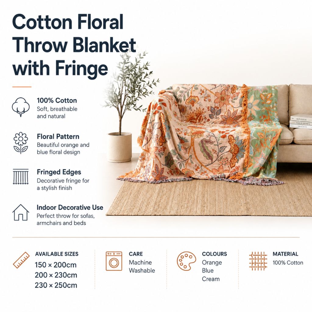 Cotton Floral Throw Blanket with Fringe