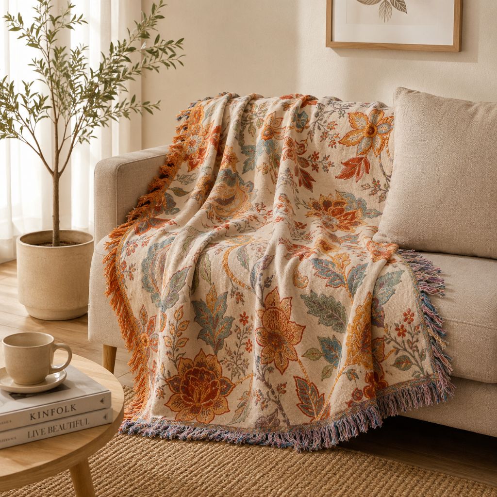 Cotton Floral Throw Blanket with Fringe