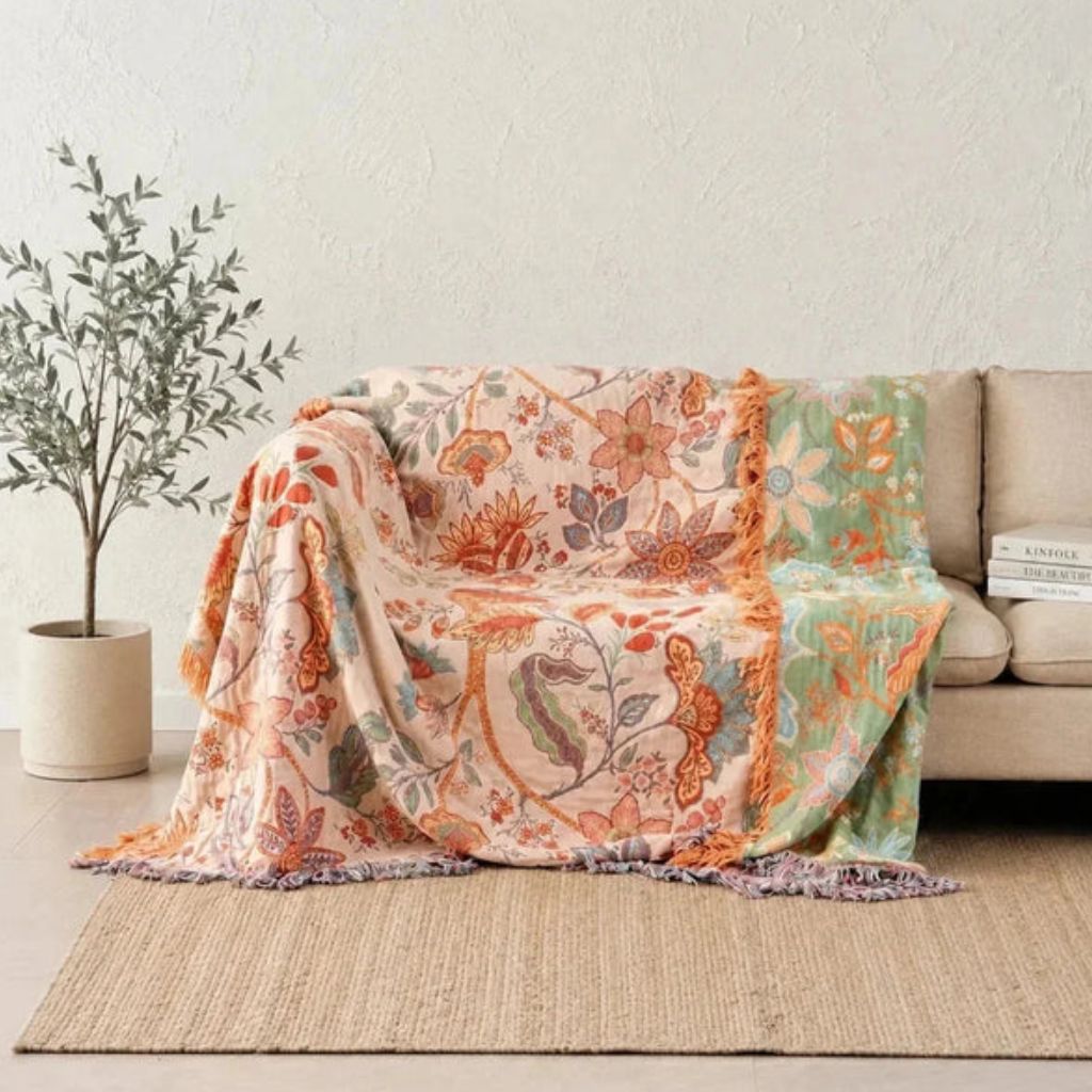 Cotton Floral Throw Blanket with Fringe
