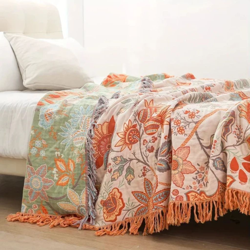 Cotton Floral Throw Blanket with Fringe