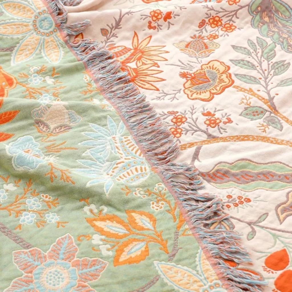 Cotton Floral Throw Blanket with Fringe