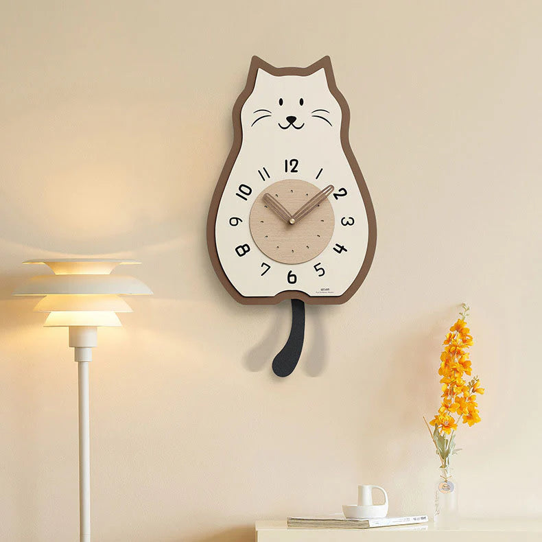 Cream Wooden Cat-Shaped Rocking Wall Clock – Quiet & Modern Design