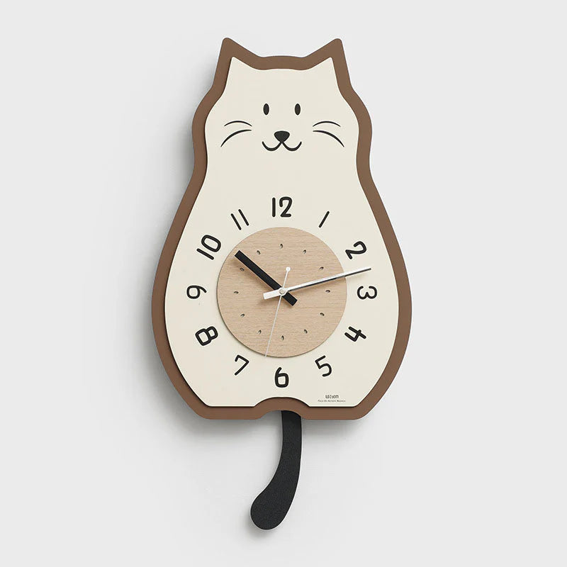 Cream Wooden Cat-Shaped Rocking Wall Clock – Quiet & Modern Design