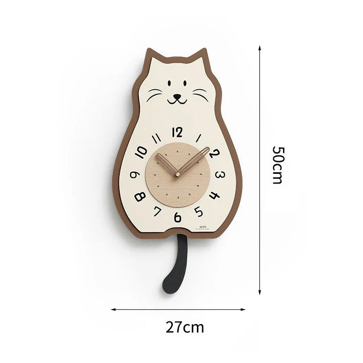 Cream Wooden Cat-Shaped Rocking Wall Clock – Quiet & Modern Design