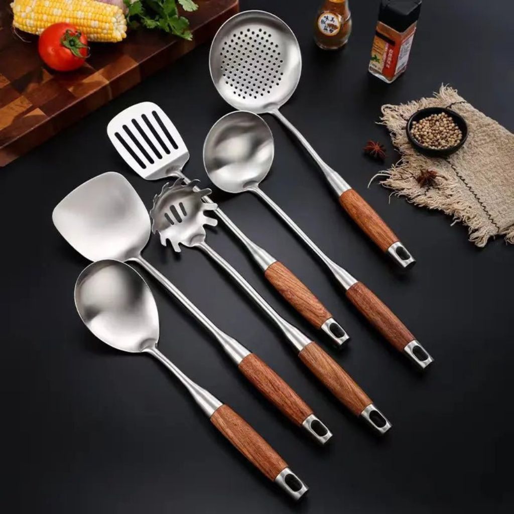 Culina Luxe - Stainless Steel Kitchen Utensil Set with Wooden Handles - Silver 6 pcs