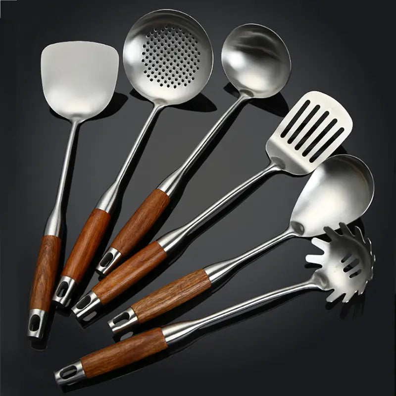 Culina Luxe - Stainless Steel Kitchen Utensil Set with Wooden Handles