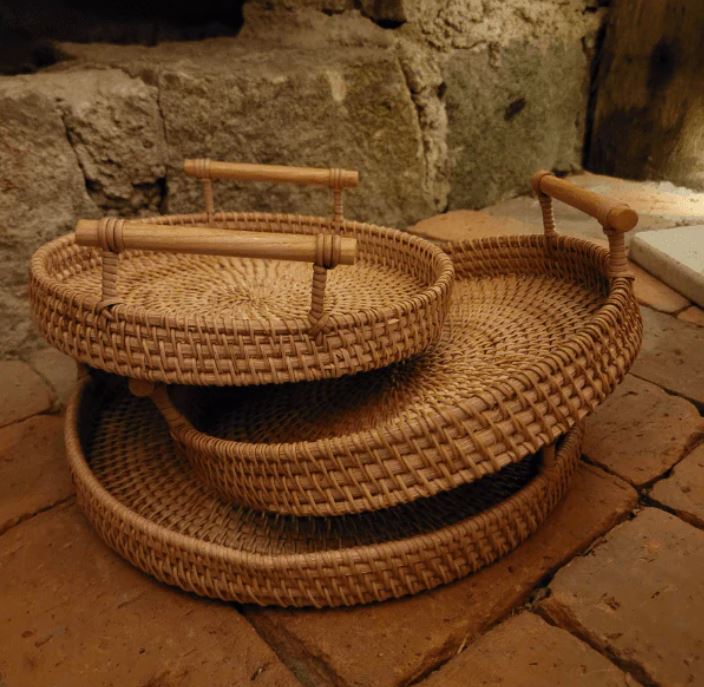 Handwoven Rattan Storage Tray with Wooden Handle