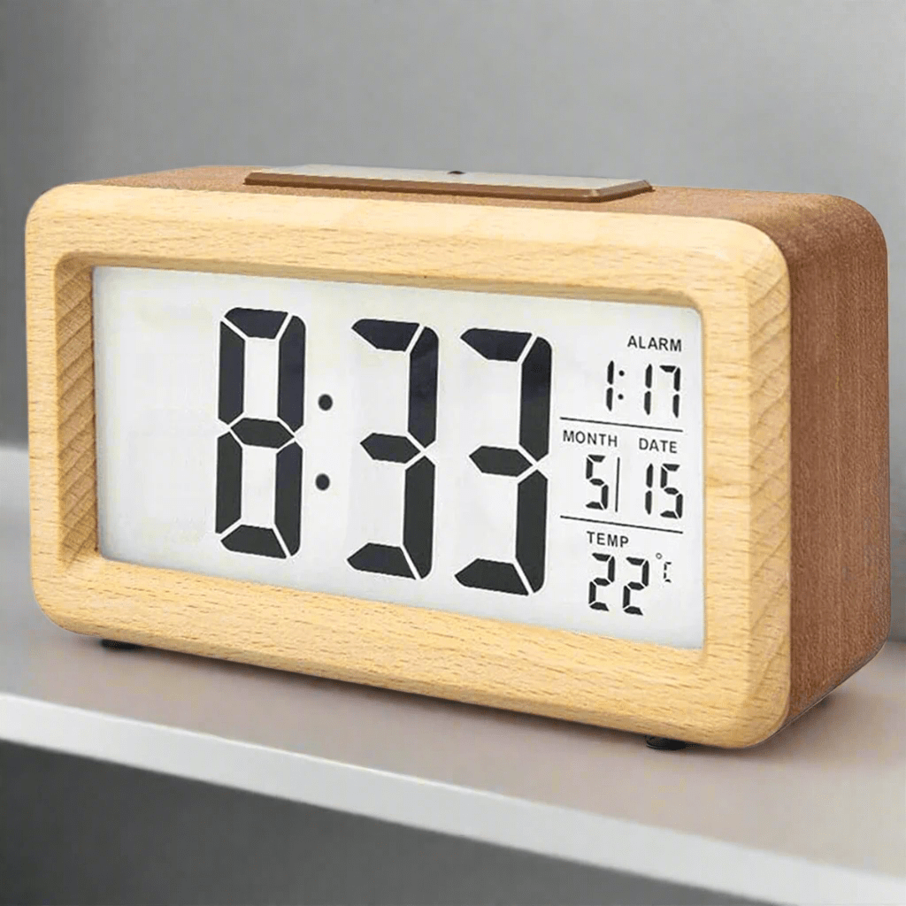 Digital Alarm Clock with Wooden Design & Multi - Function Display - Lattea Global