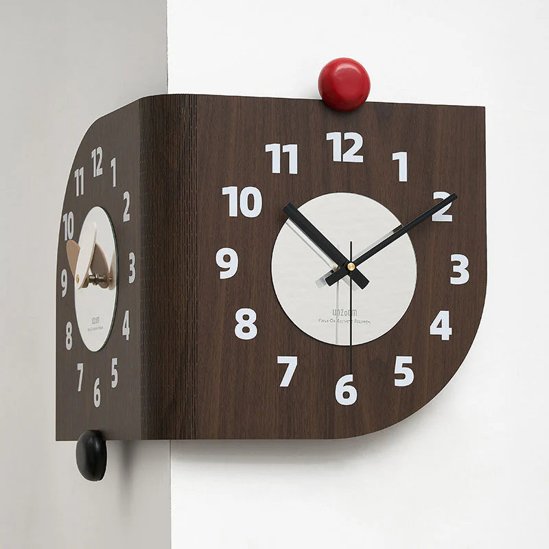 Double-Sided Wooden Corner Wall Clock – Walnut Design