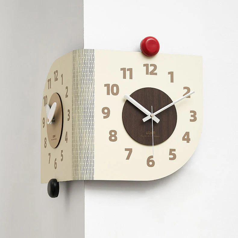 Double-Sided Wooden Corner Wall Clock – Walnut Design