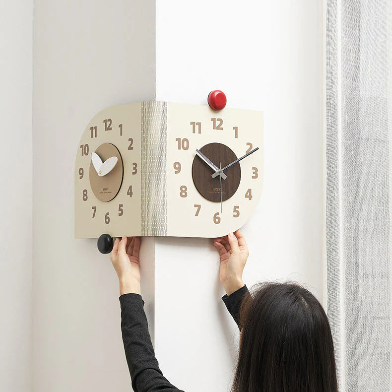 Double-Sided Wooden Corner Wall Clock – Walnut Design