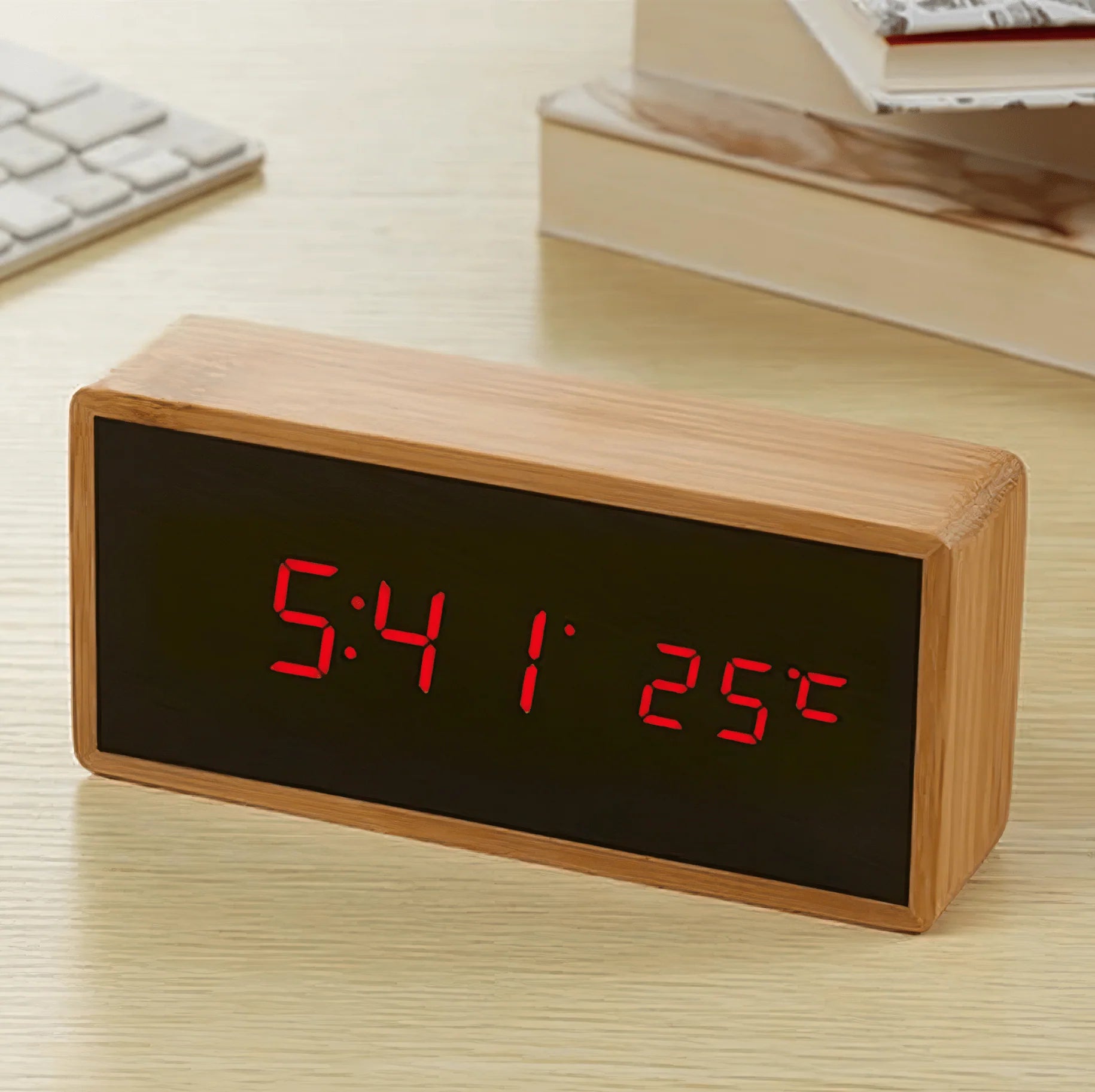 EcoTime - Bamboo LED Alarm Clock with Temperature Display